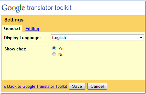 Google Translator Toolkit Chat Settings