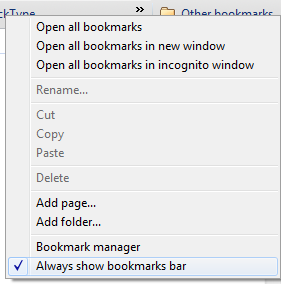 Always show bookmarks bar in Google Chrome 