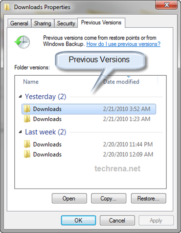 Restore Previous Versions in Windows 7