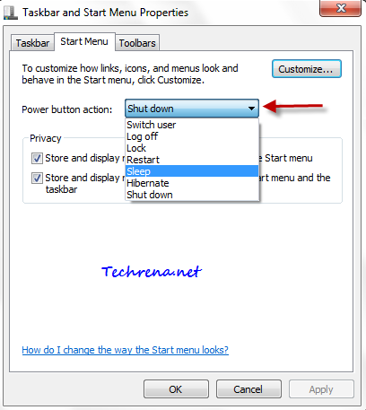 Power button action in start menu properties