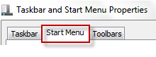 Start menu tab in taskbar and start menu properties