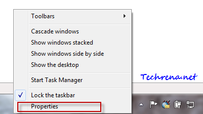 taskbar and start menu properties link in right-click