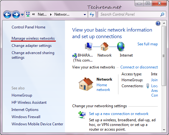 Manage wirelss networks link in the network and sharing center