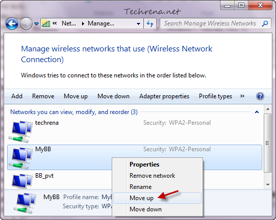 Move wireless network up in Windows 7