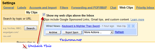 Web clips settings in Gmail