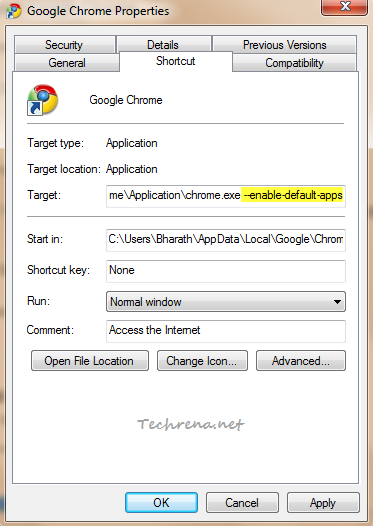 Chrome shortcut properties