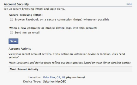 Facebook account security settings