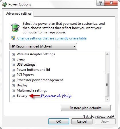 Battery advanced power plan settings