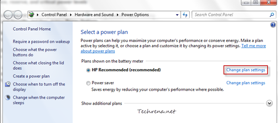 Power options in Control Panel