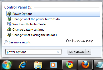 Power Options search in the Start Menu