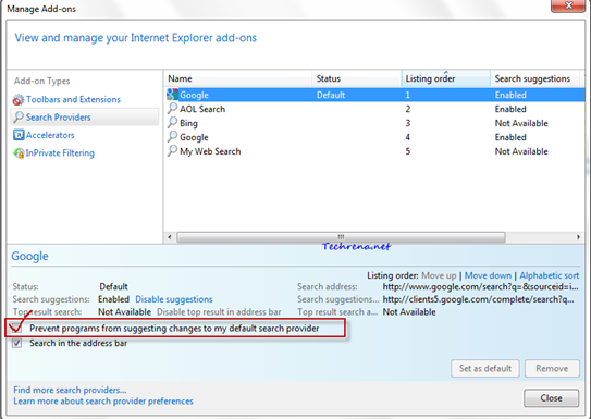 Manage Search Providers in Manager Add-ons IE9