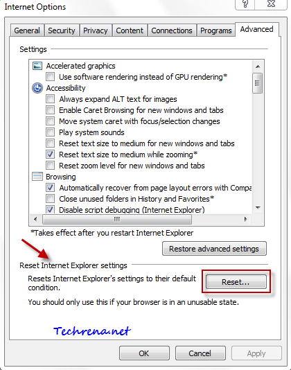 Reset IE settings in Internet Explorer