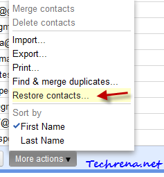 restore contacts link under more actions in gmail 