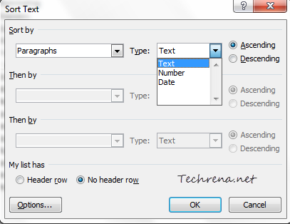 Sort Text Dialog box in Word 2010