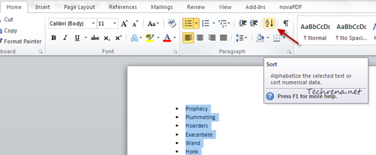 Sort list in MS Office Word 2010