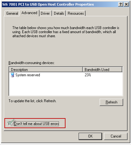 USB host controller properties