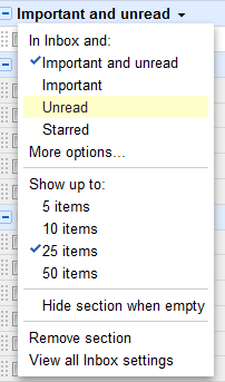 Priority inbox pop-up options
