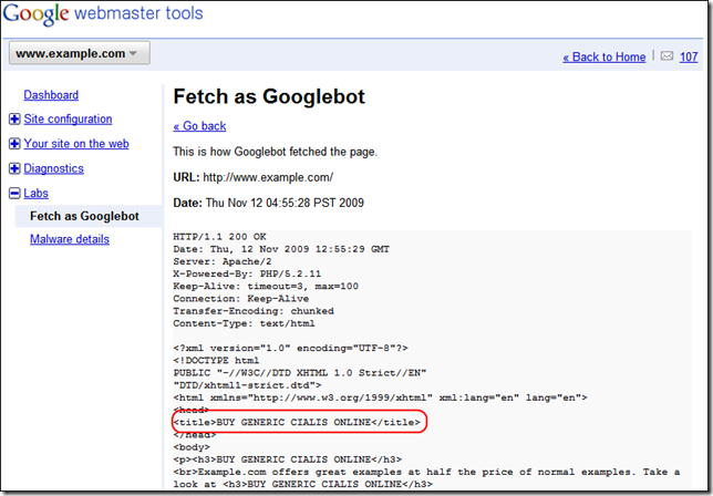 Results of Fetch as Googlebot