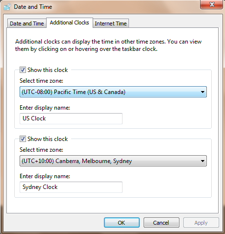 Additional clocks in date and time settings