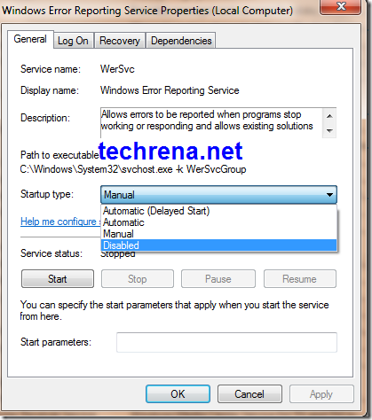 Windows Error Reporting Service Properties