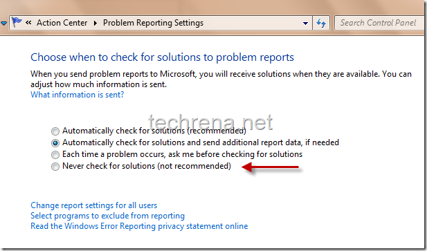 problem reporting settings action center windows7