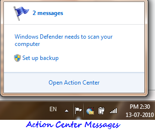 Windows 7 Action Center messages