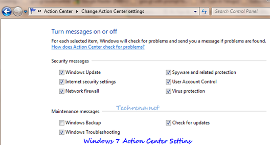 Windows 7 action center settings