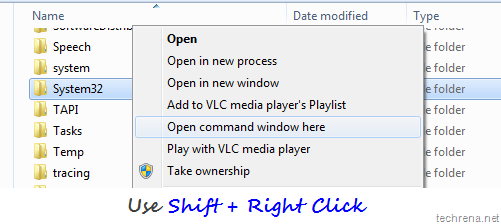 Open command window here option in Windows 7 using shift plus right-click