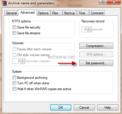 Archive name and parameters password