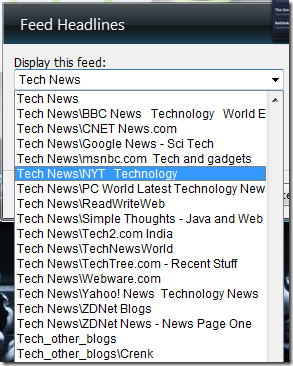 Feed Headlines gadget choose feed folders