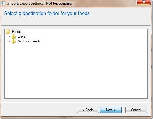 selecting destination folder for feeds import ie favorites