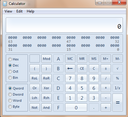 Windows 7 Calculator programmer mode