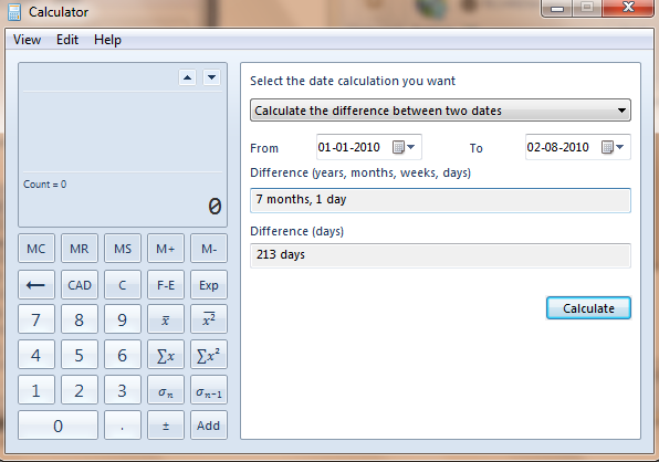 Windows 7 Calculator Date Calculation