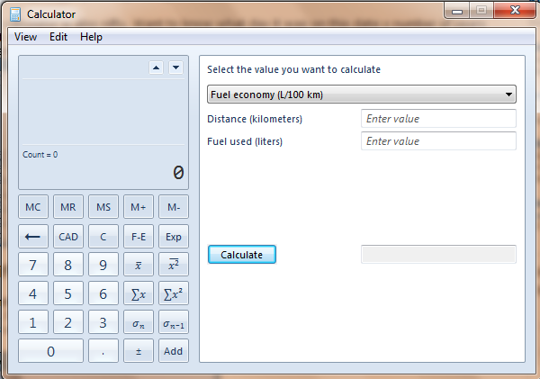 Windows 7 Calculator fuel economy