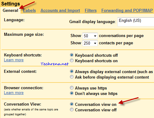 Gmail settings for conversation view