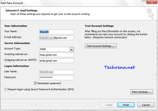 outlook settings for gmail account 2018t