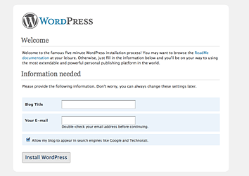 WordPress install page