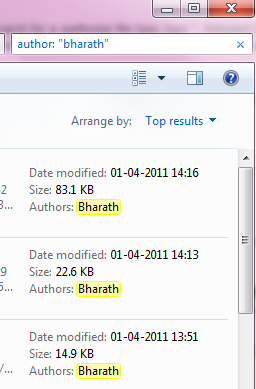 Windows 7 search author operator
